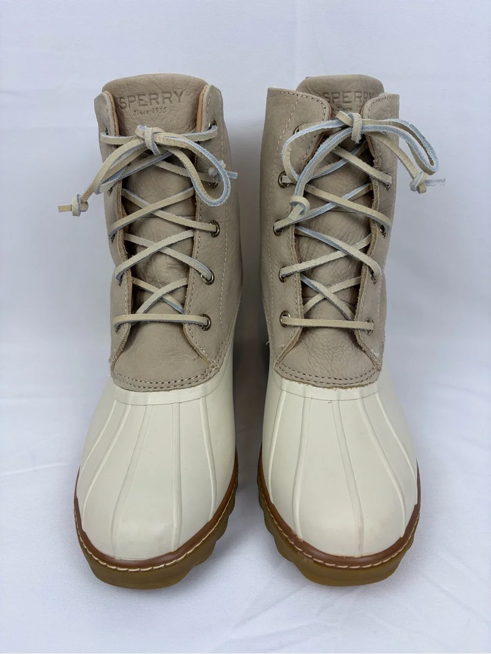 Sperry Saltwater Heel Leather Duck Boots Size 8.5 Cream / Beige